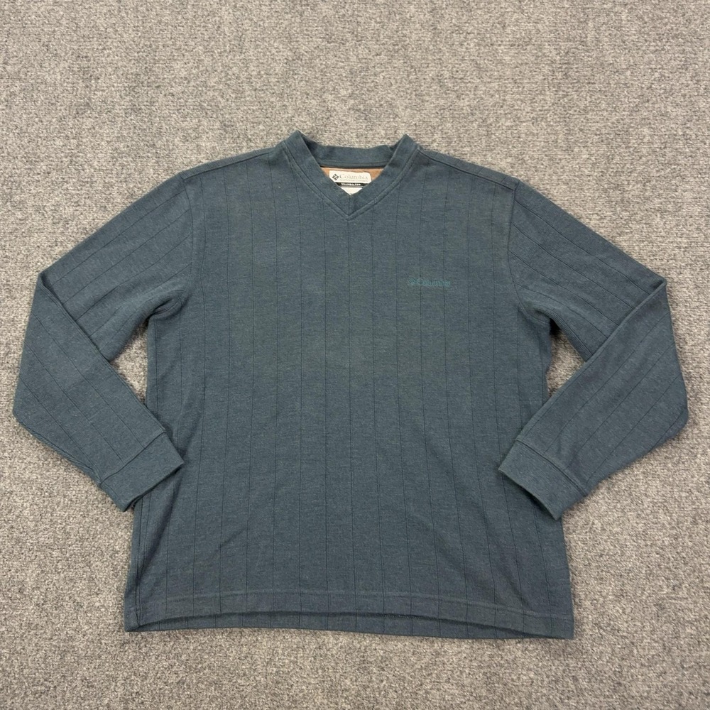 Columbia Sweater Mens XL Blue V Neck Cotton‎ Polyester Knit Pullover Logo Casual